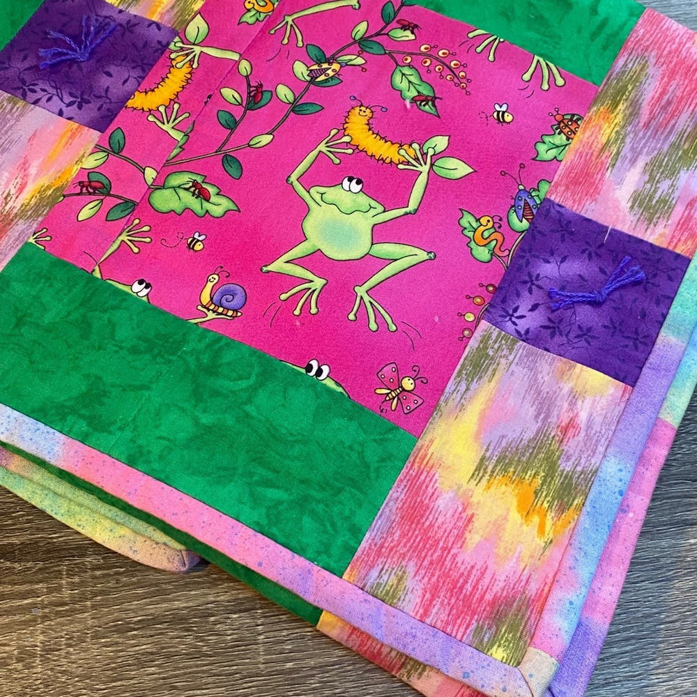 Handmade Frog Garden Patchwork‎ Quilt Baby Blanket Pink Green Tie-Dye 36x48